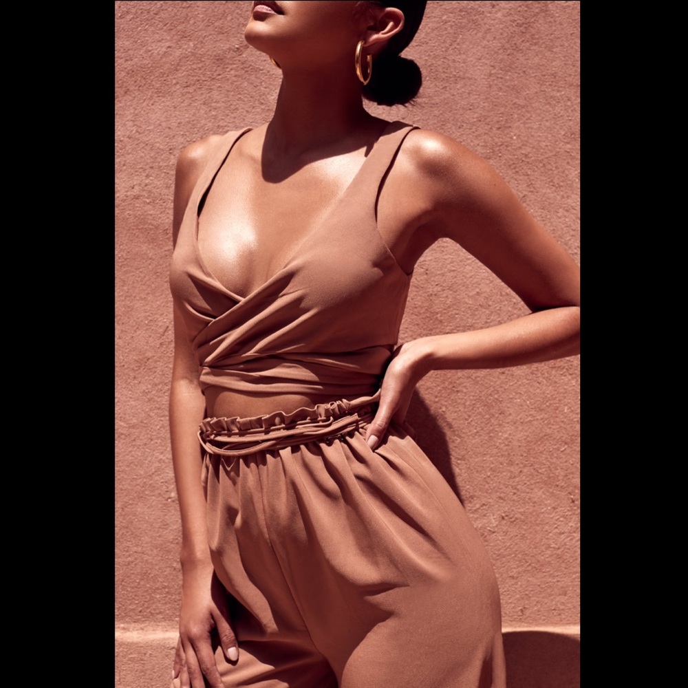 House of CB Monique Tan Wrap Over Two Piece Set Sz S